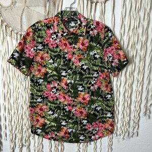 Men's Disney Mickey Mouse Hibiscus Print Tropical Short Sleeve Button Down SM